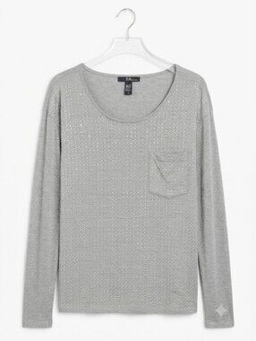 Women's Gray Long Sleeve Studded Pocket Tee New